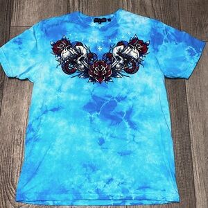 Affliction Black Label blue tie dye Southern Ritual rhinestone skull rose L
